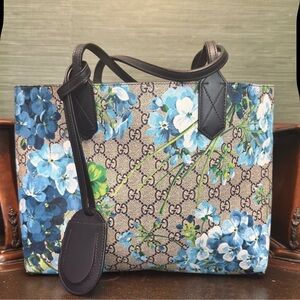 Gucci Floral Blue Tote Bag with Leather Trim